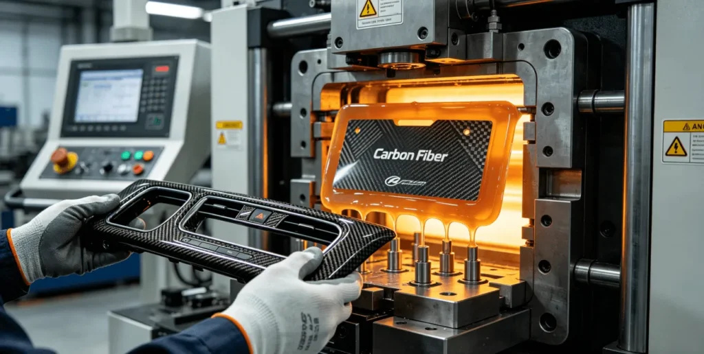 Film Insert Molding Saves 30% on Costs for Automotive Interiors and Eliminates Recall Risks. A close-up, realistic shot inside an injection molding facility, showing a technician’s hand removing a finished automotive center console panel with an integrated carbon fiber texture from the mold. The image highlights the pre-decorated film placed in the mold cavity and the molten resin behind it, demonstrating the Film Insert Molding process.